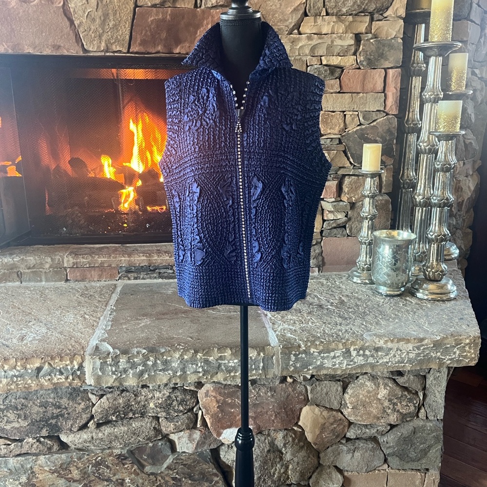 Navy Blue Stretchy Pucker Vest with Crystal Zipper M/L